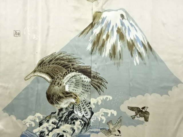 アンティーク　富士に鷹・雀模様肩裏紋付羽二重男物羽織